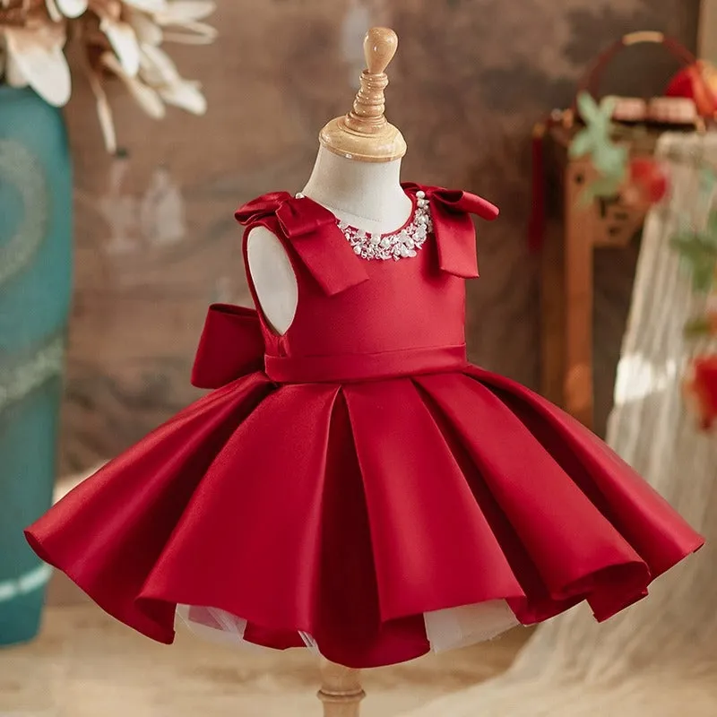Red satin princess-style dress for girls, suitable for piano performances, polyester fiber, sizes 80-130cm