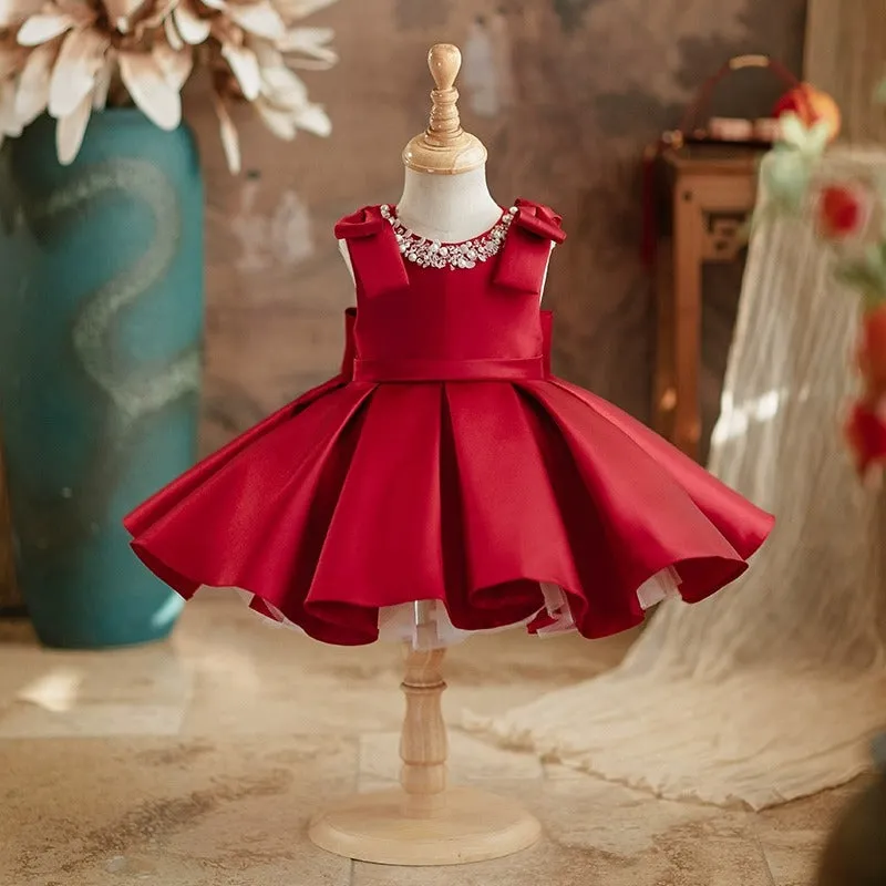 Red satin princess-style dress for girls, suitable for piano performances, polyester fiber, sizes 80-130cm