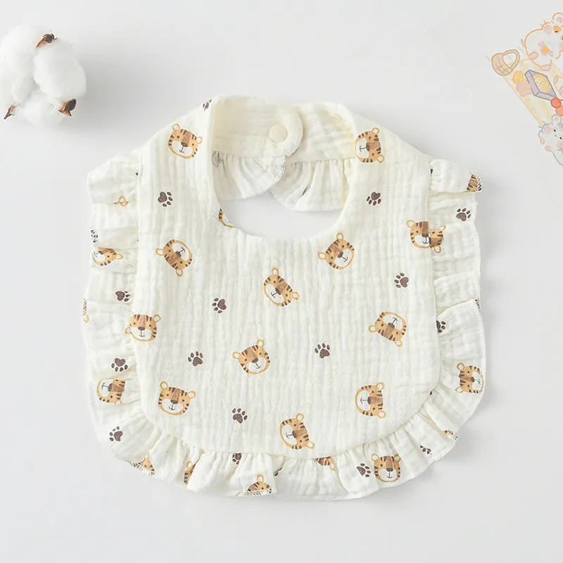 Pack of six baby muslin bibs with animal bandana prints and adjustable snap fasteners