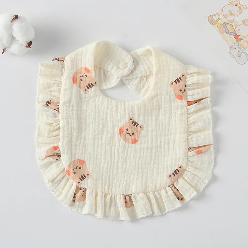 Pack of six baby muslin bibs with animal bandana prints and adjustable snap fasteners
