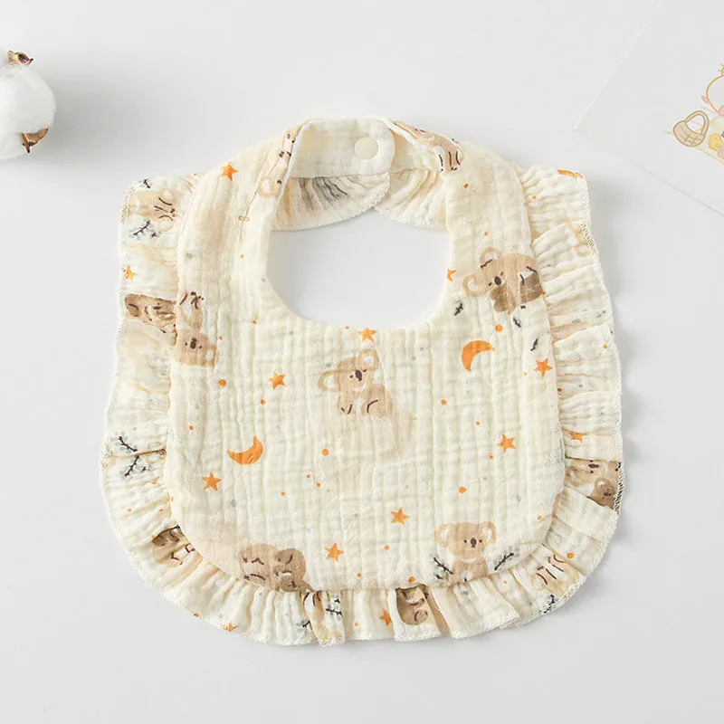 Pack of six baby muslin bibs with animal bandana prints and adjustable snap fasteners