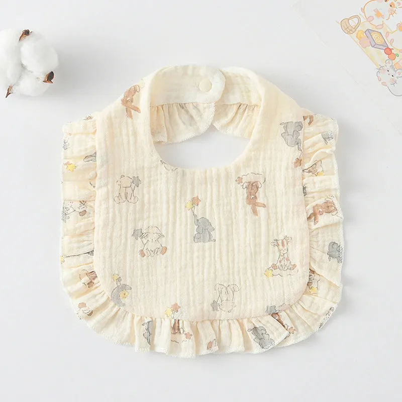 Pack of six baby muslin bibs with animal bandana prints and adjustable snap fasteners