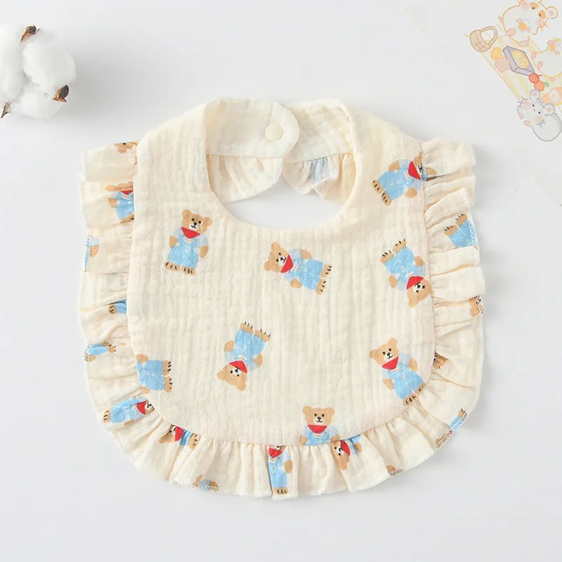 Pack of six baby muslin bibs with animal bandana prints and adjustable snap fasteners