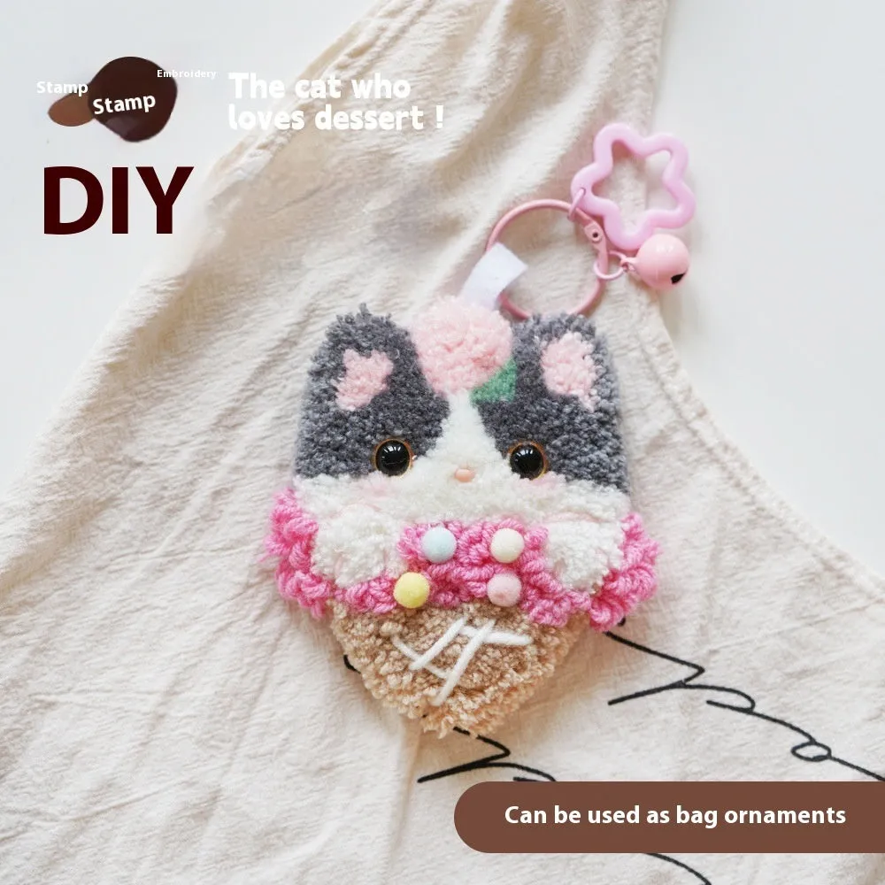 Handmade DIY poke embroidery kit with cute cat wool felt ornament for desk surface panel, cartoon anime style