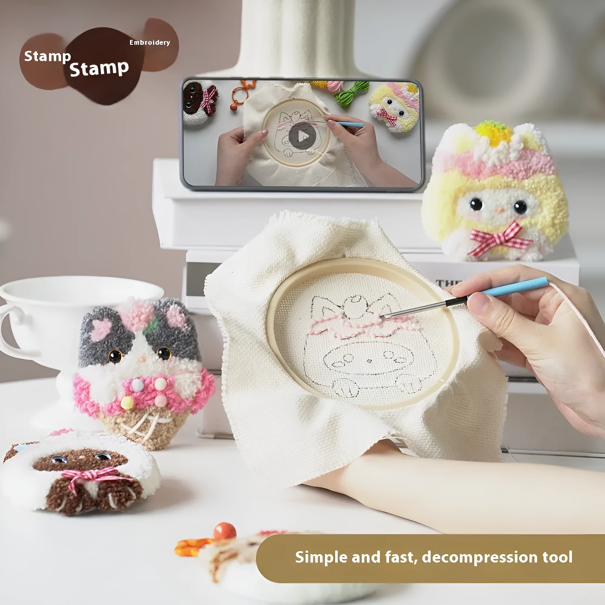 Handmade DIY poke embroidery kit with cute cat wool felt ornament for desk surface panel, cartoon anime style