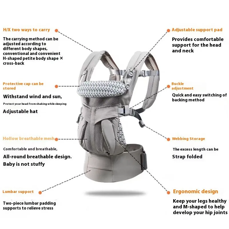 Baby hipseat carrier with waist stool in gray printing colour, polyester material, 20kg capacity