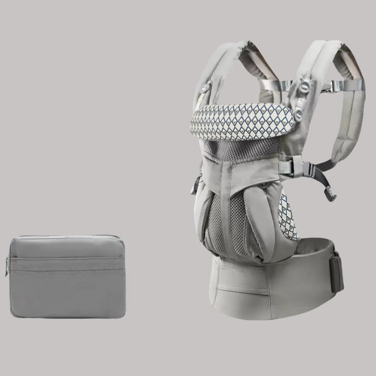 Baby hipseat carrier with waist stool in gray printing colour, polyester material, 20kg capacity