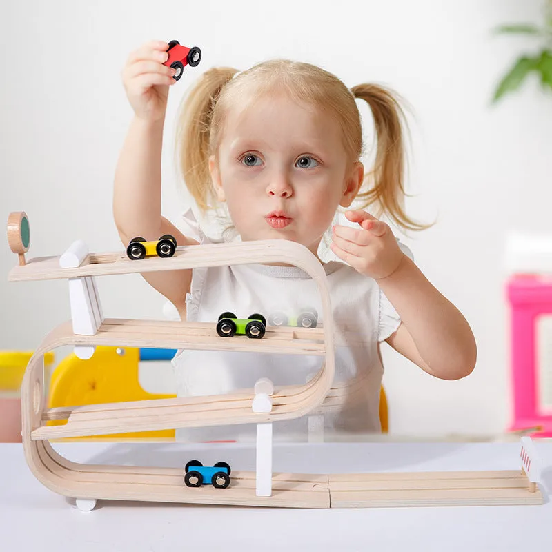 Children's wooden rapid gliding car track toy in colour box