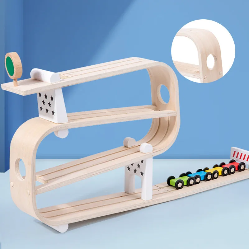 Children's wooden rapid gliding car track toy in colour box