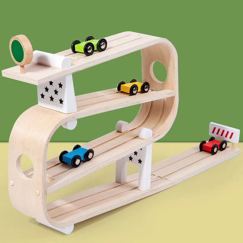 Children's wooden rapid gliding car track toy in colour box