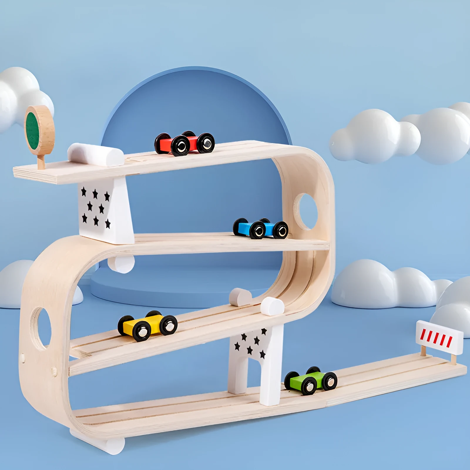 Children's wooden rapid gliding car track toy in colour box