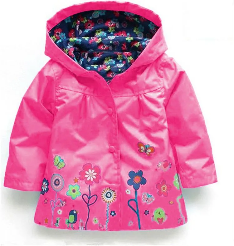 Girls' cute flowers windproof and rainproof shell jacket in red with hood, long sleeves, cotton fabric, spring style