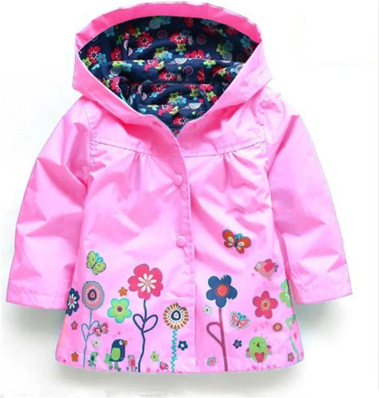Girls' cute flowers windproof and rainproof shell jacket in red with hood, long sleeves, cotton fabric, spring style