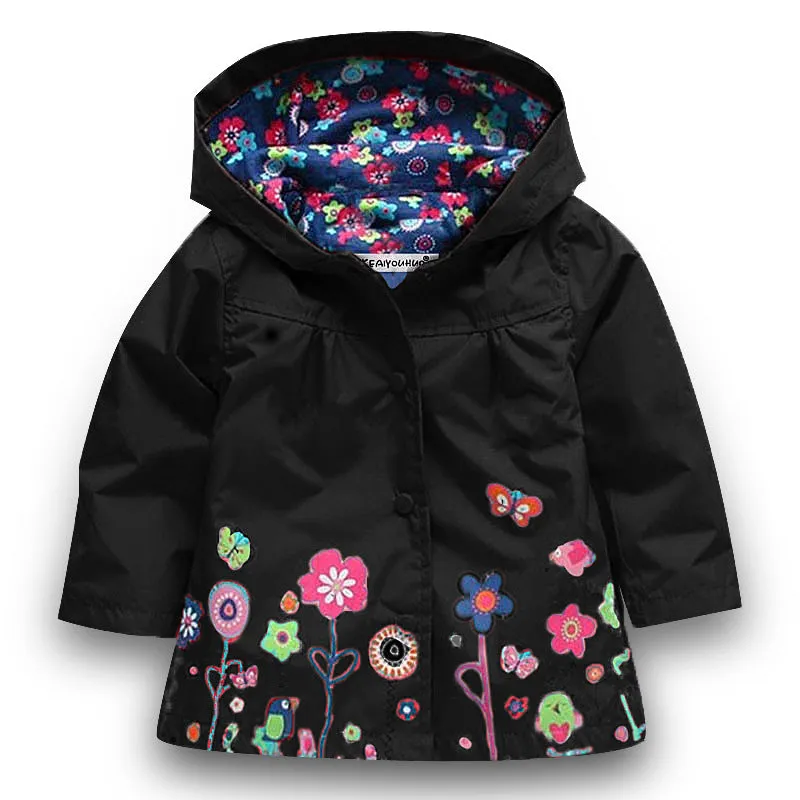 Girls' cute flowers windproof and rainproof shell jacket in red with hood, long sleeves, cotton fabric, spring style