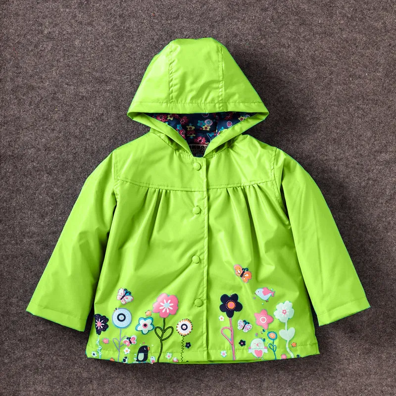 Girls' cute flowers windproof and rainproof shell jacket in red with hood, long sleeves, cotton fabric, spring style