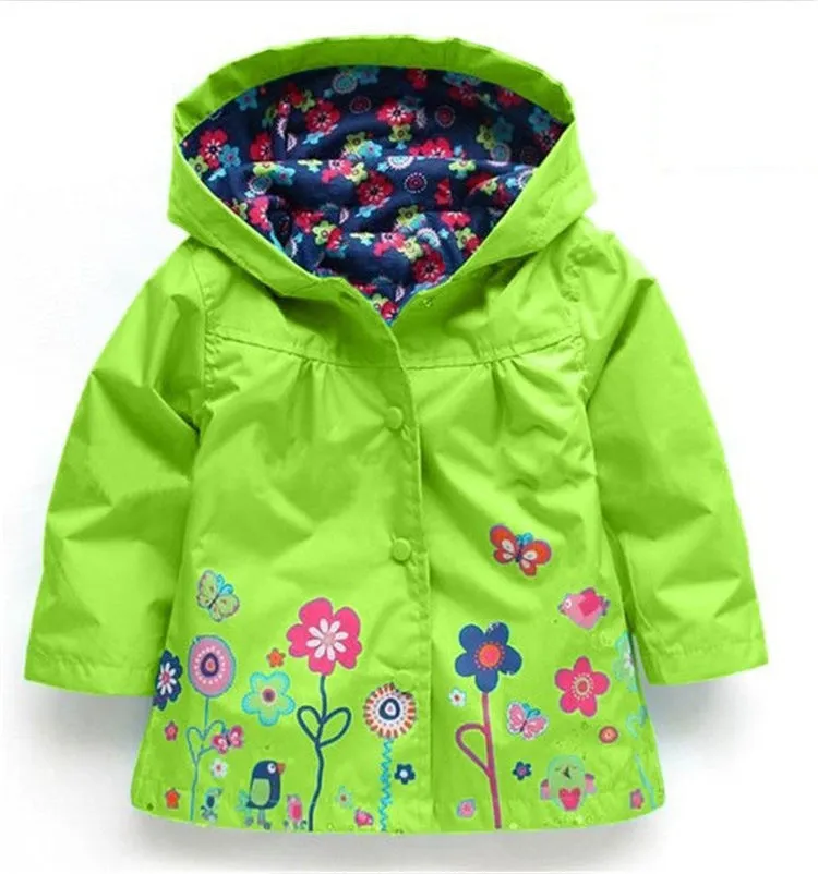 Girls' cute flowers windproof and rainproof shell jacket in red with hood, long sleeves, cotton fabric, spring style