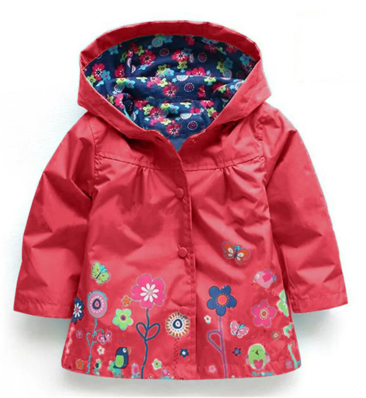 Girls' cute flowers windproof and rainproof shell jacket in red with hood, long sleeves, cotton fabric, spring style