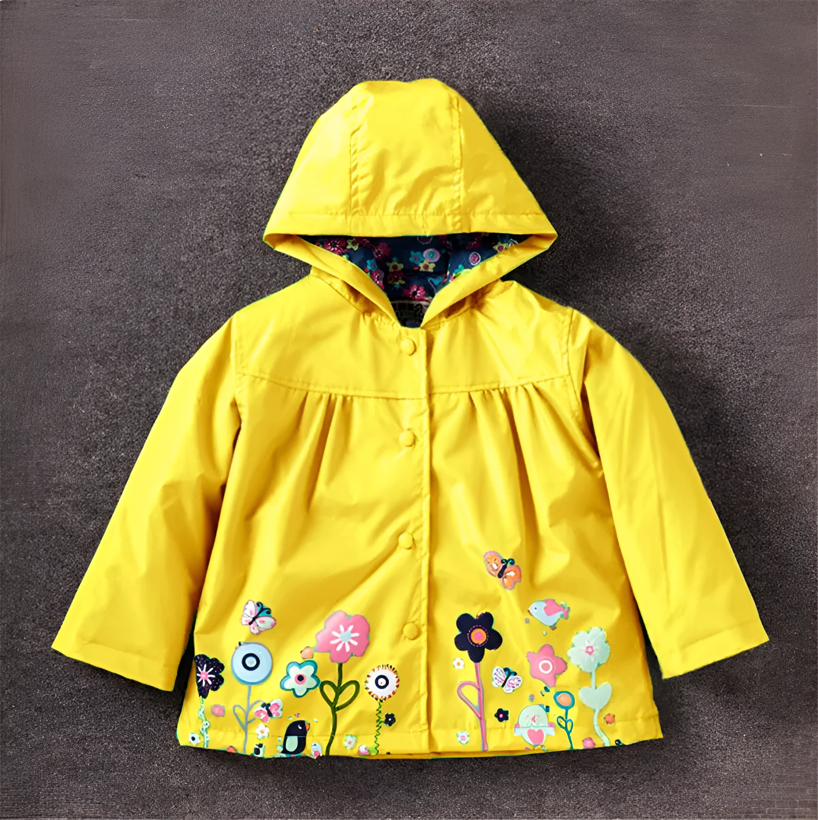 Girls' cute flowers windproof and rainproof shell jacket in red with hood, long sleeves, cotton fabric, spring style