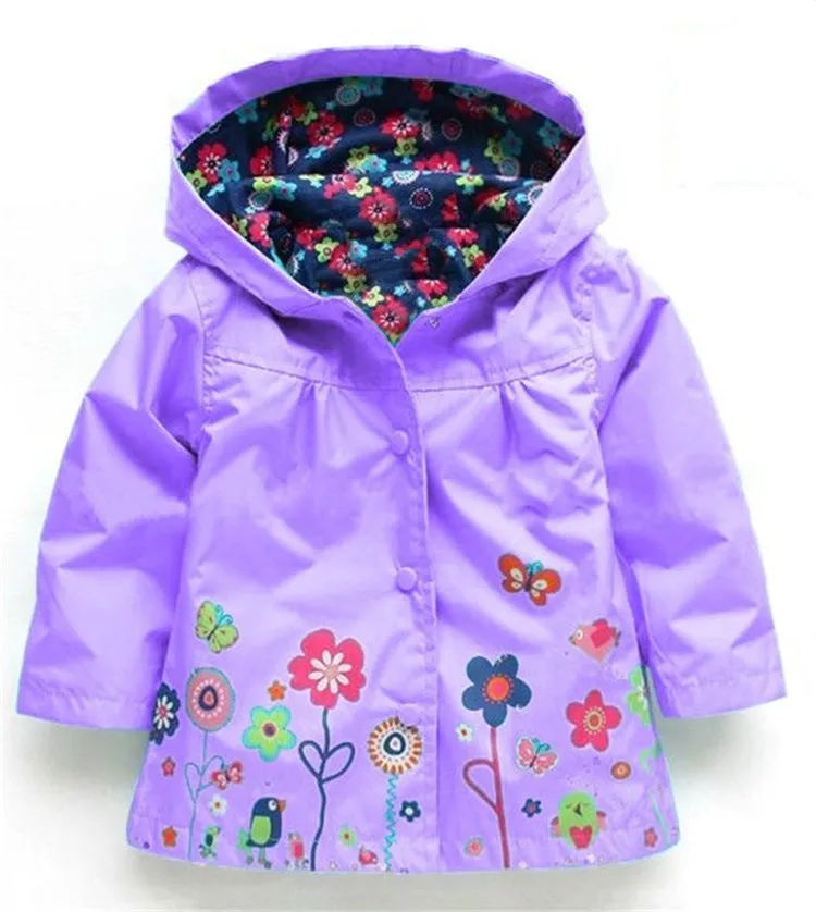 Girls' cute flowers windproof and rainproof shell jacket in red with hood, long sleeves, cotton fabric, spring style