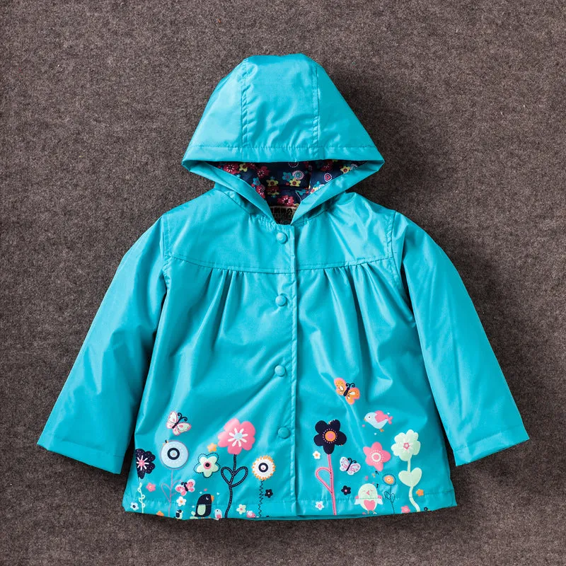 Girls' cute flowers windproof and rainproof shell jacket in red with hood, long sleeves, cotton fabric, spring style