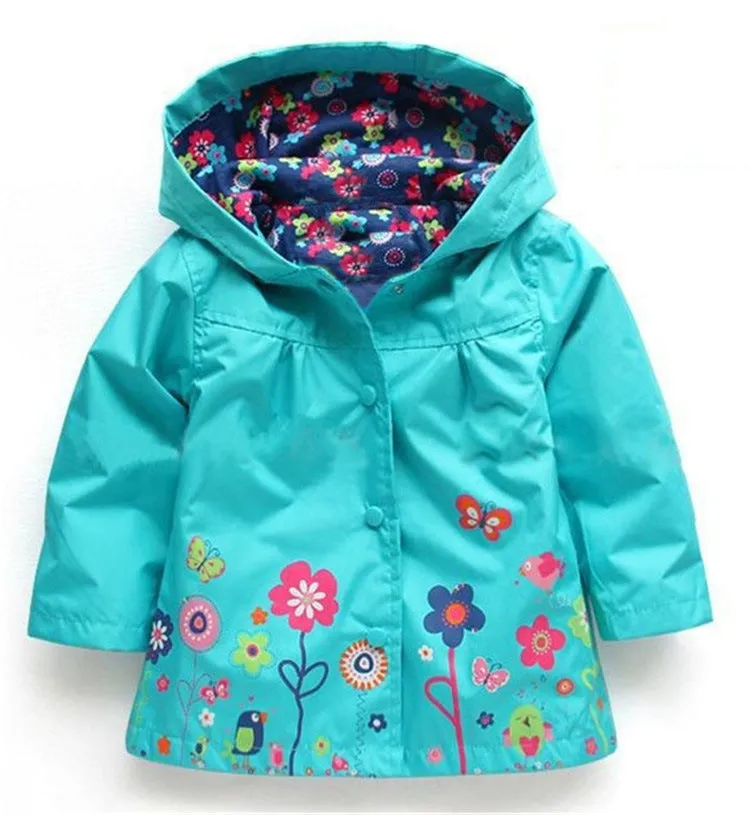 Girls' cute flowers windproof and rainproof shell jacket in red with hood, long sleeves, cotton fabric, spring style