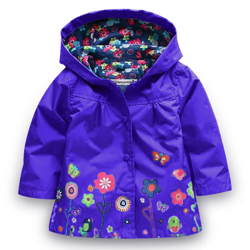 Girls' cute flowers windproof and rainproof shell jacket in red with hood, long sleeves, cotton fabric, spring style