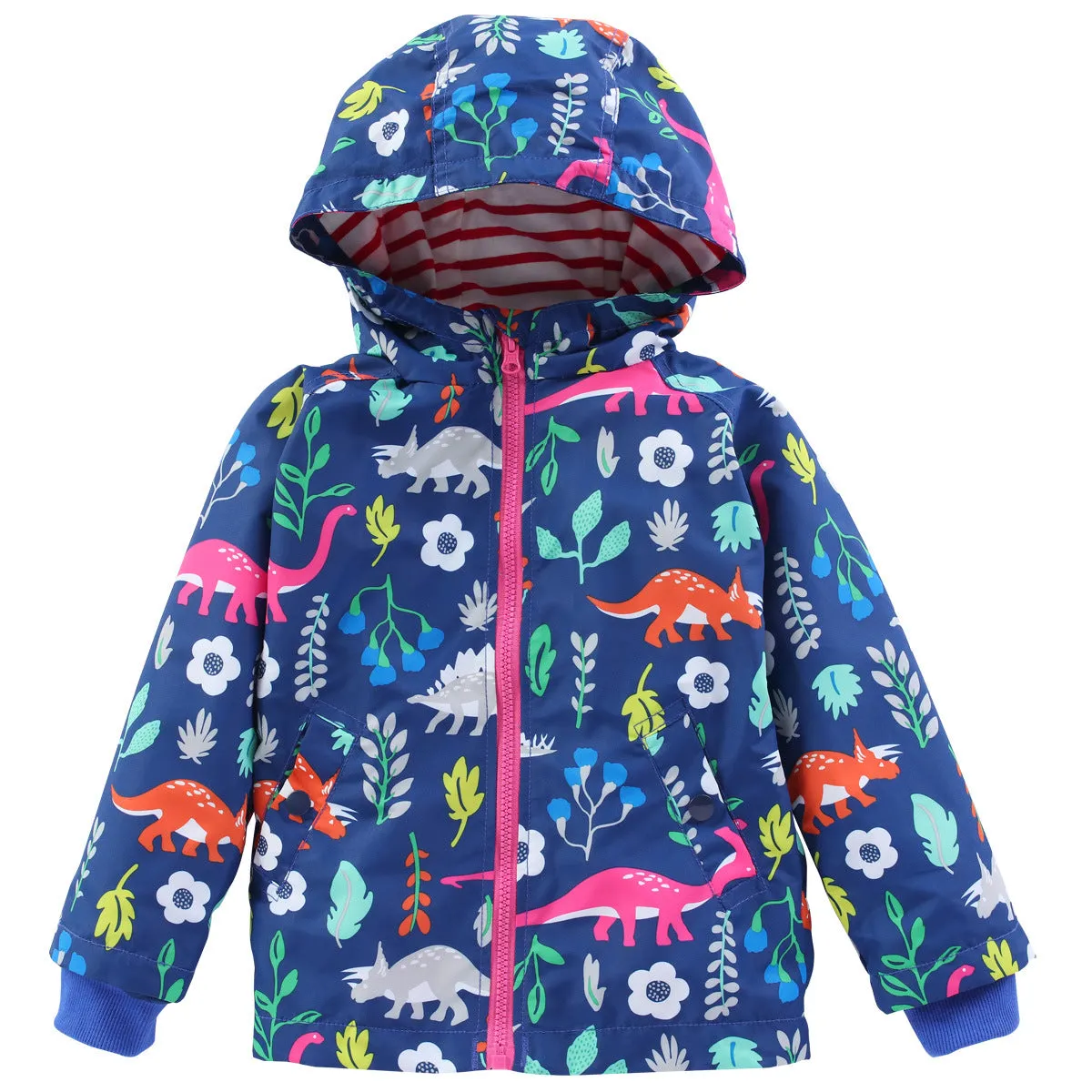Girls' cute flowers windproof and rainproof shell jacket in red with hood, long sleeves, cotton fabric, spring style