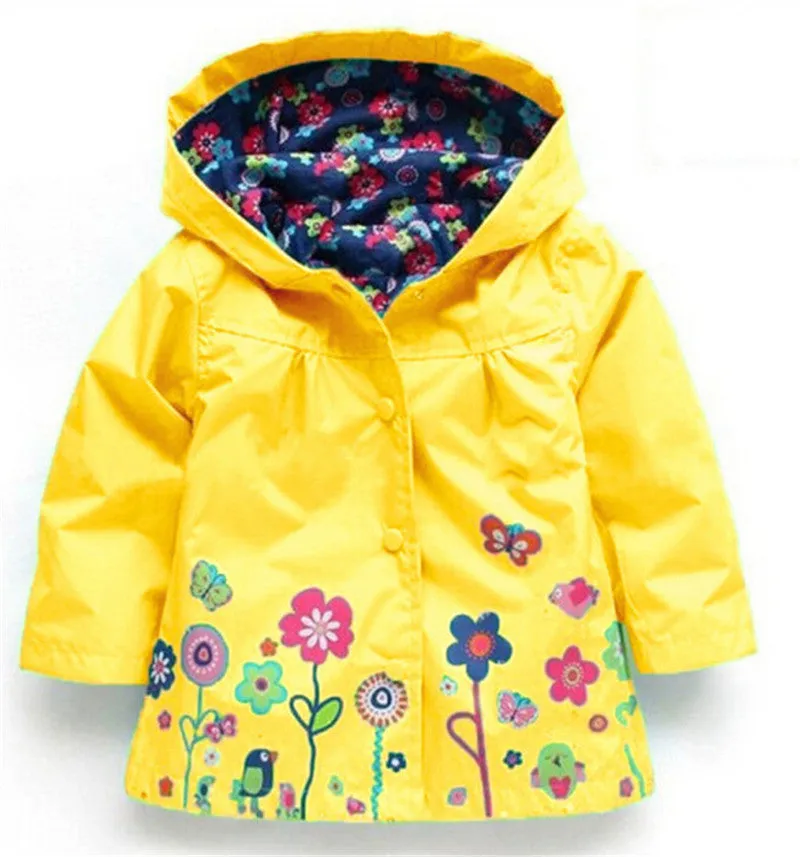 Girls' cute flowers windproof and rainproof shell jacket in red with hood, long sleeves, cotton fabric, spring style