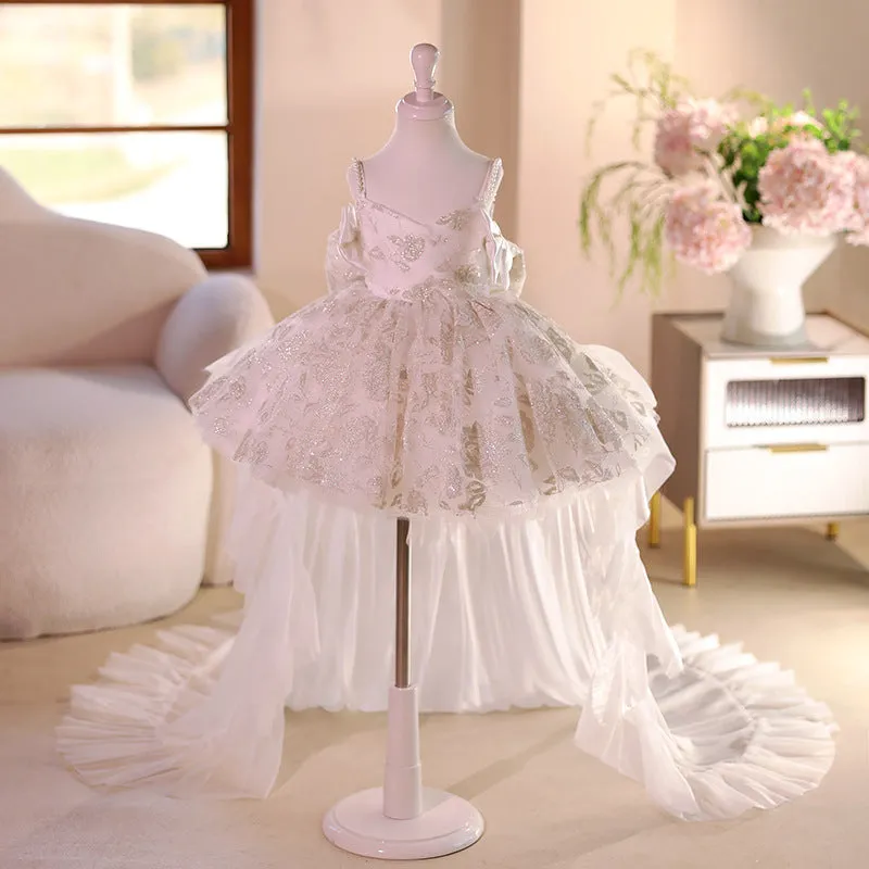 White light luxury princess dress for girls, polyester fibre, 80-150cm height range, flower girl wedding style