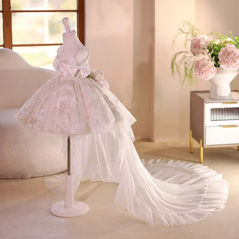 White light luxury princess dress for girls, polyester fibre, 80-150cm height range, flower girl wedding style