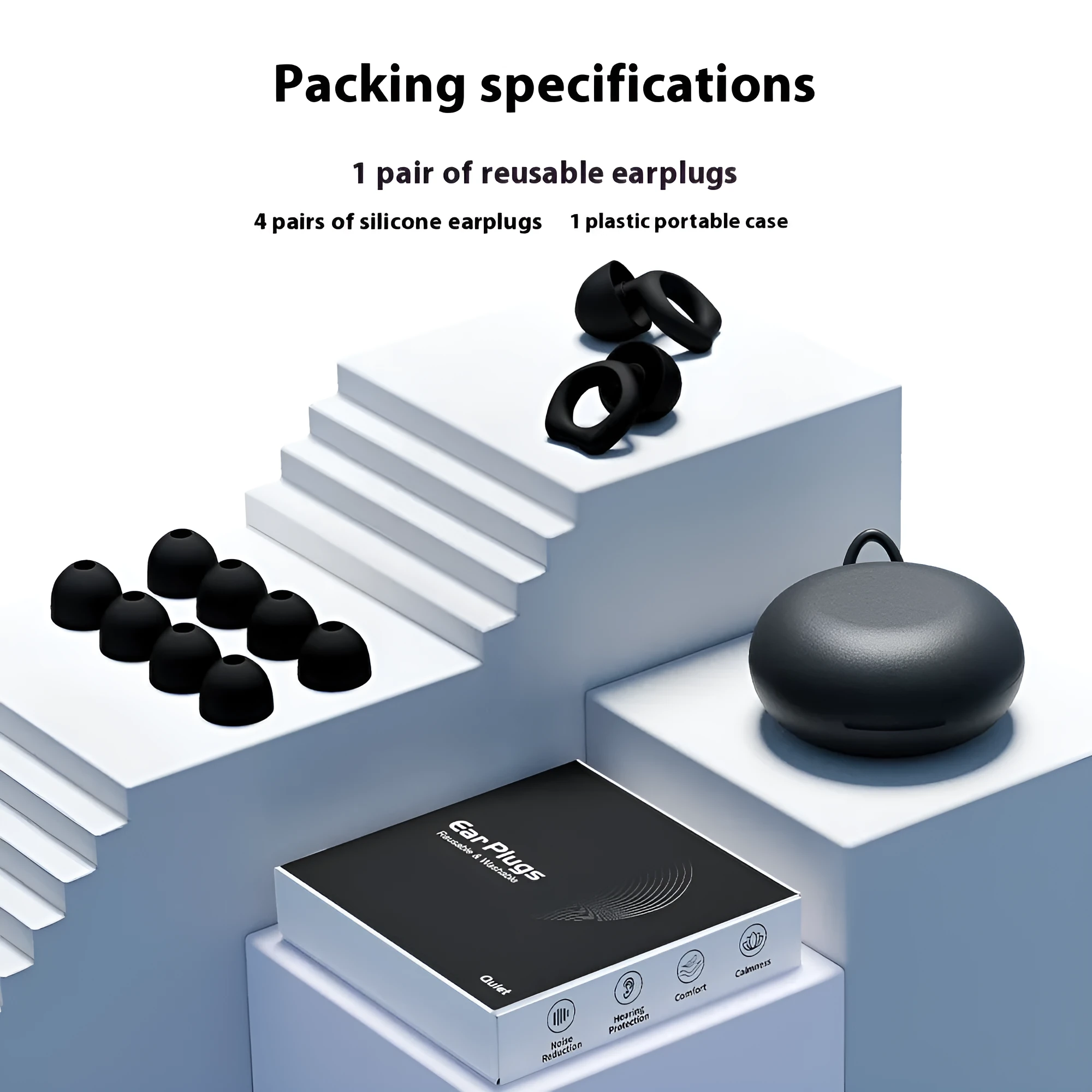 Silicone soundproof earplugs in five colours: black, blue, green, purple, and white
