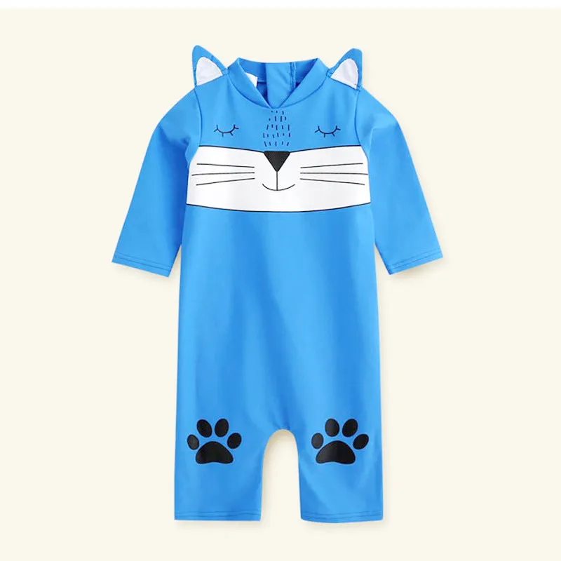 One-piece swimsuit for baby boys and girls with long sleeves, high-elasticity polyester, sun protection, blue colour