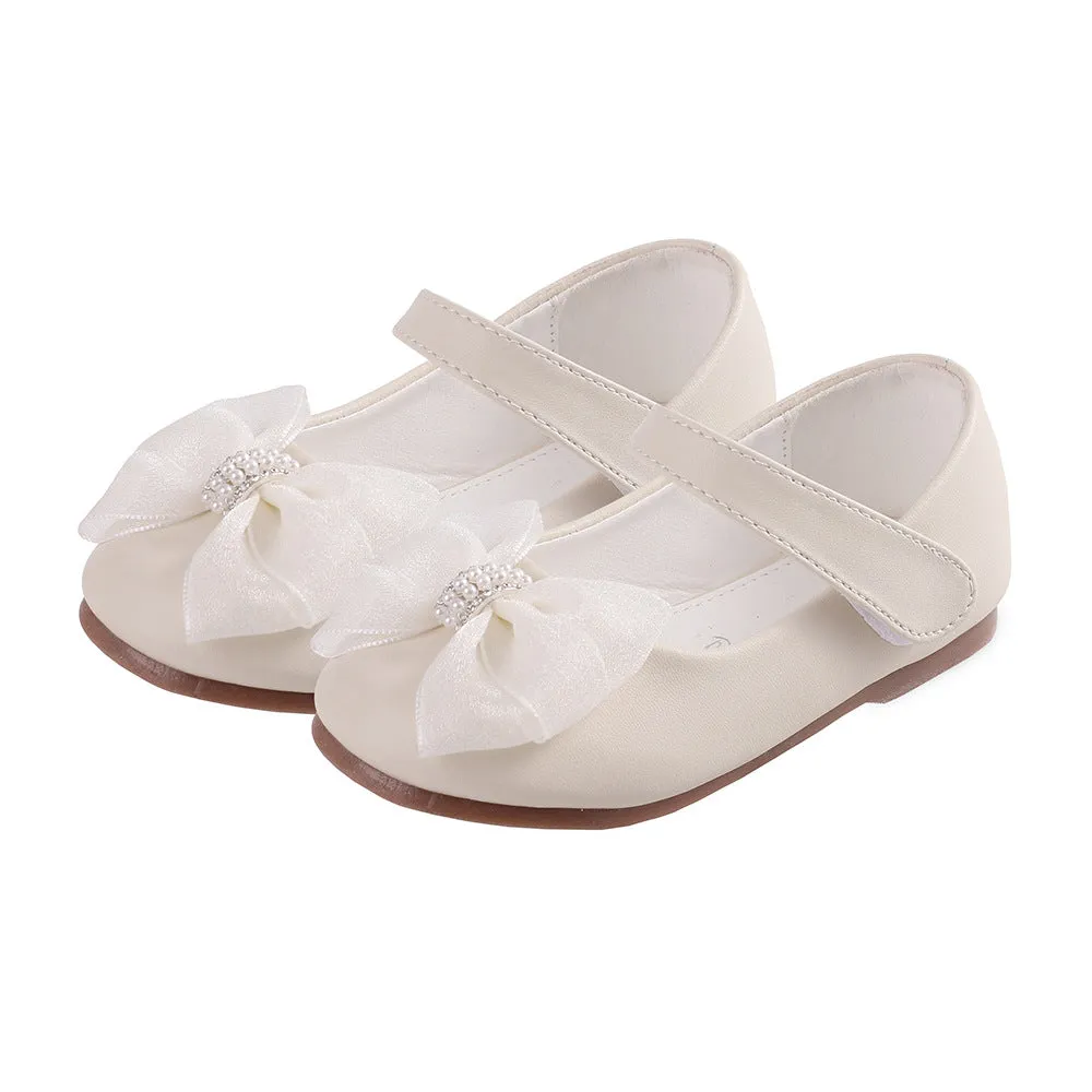 Princess PU leather bow flower girl shoes in beige with Velcro closure and low top design