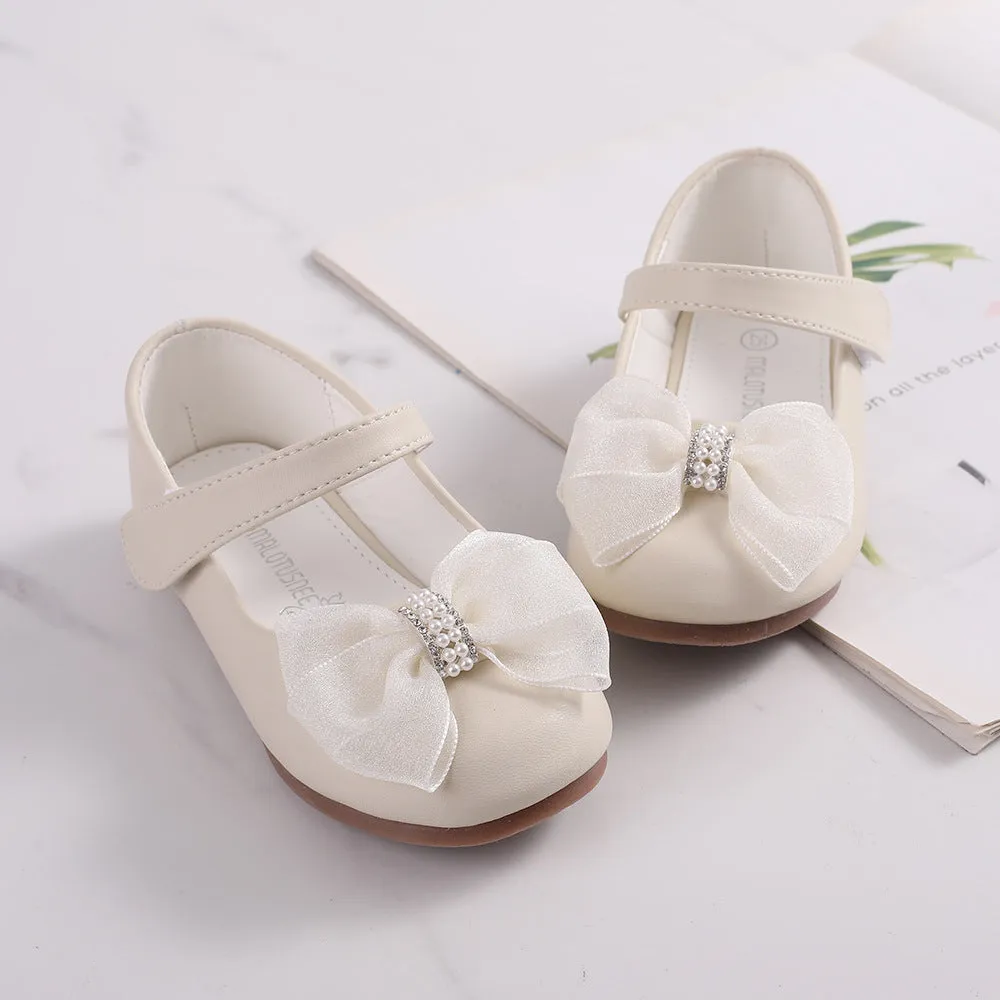 Princess PU leather bow flower girl shoes in beige with Velcro closure and low top design