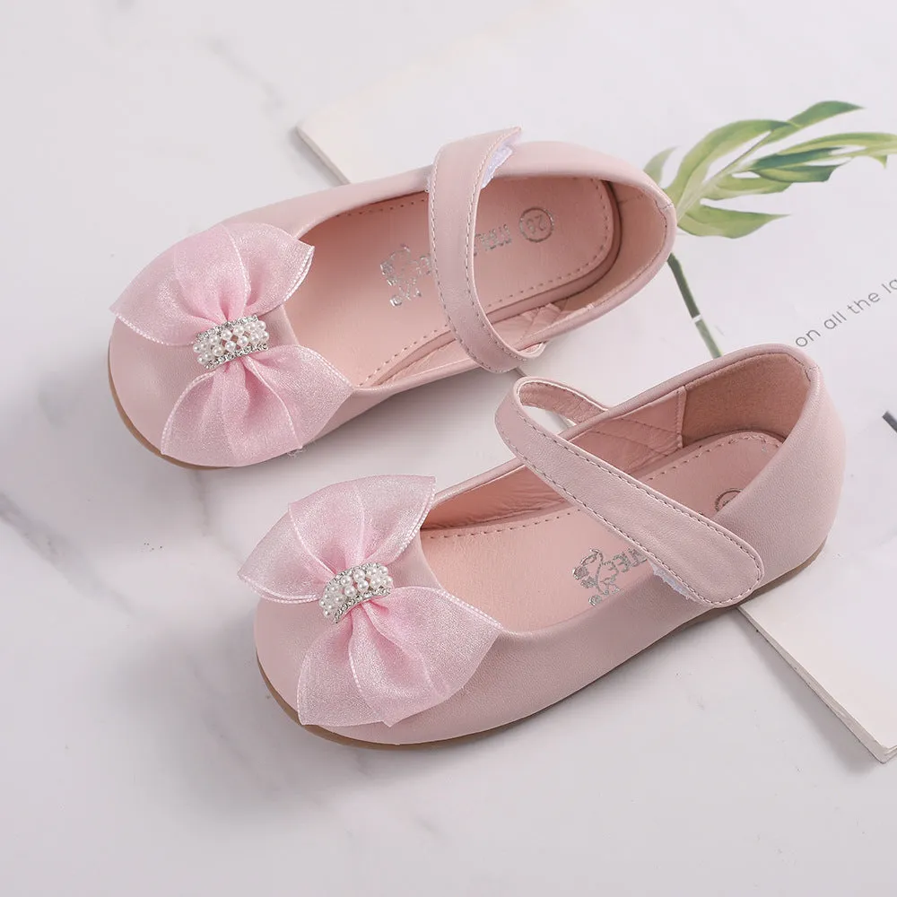 Princess PU leather bow flower girl shoes in beige with Velcro closure and low top design