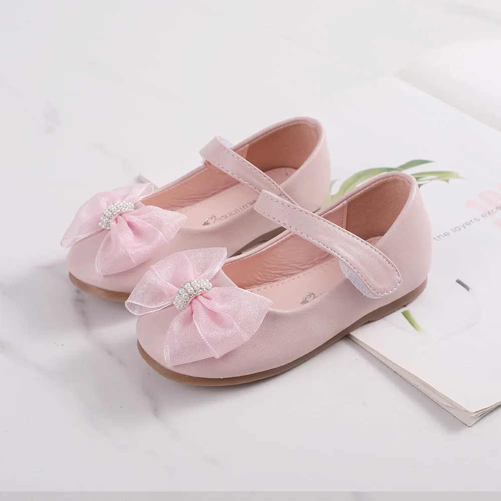 Princess PU leather bow flower girl shoes in beige with Velcro closure and low top design