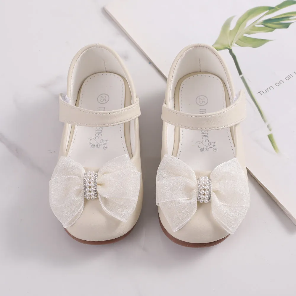 Princess PU leather bow flower girl shoes in beige with Velcro closure and low top design