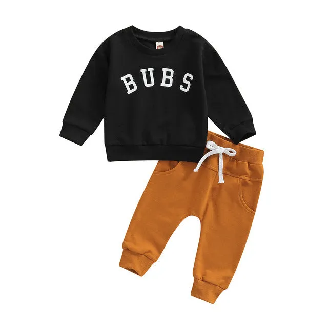 Boys' casual BUBS letter print cotton top and trousers set in gray on white background