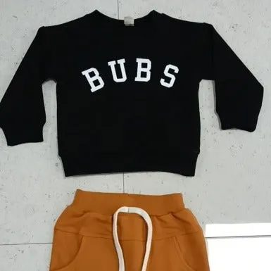 Boys' casual BUBS letter print cotton top and trousers set in gray on white background