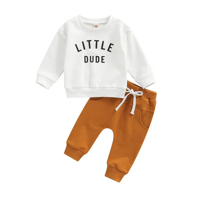 Boys' casual BUBS letter print cotton top and trousers set in gray on white background