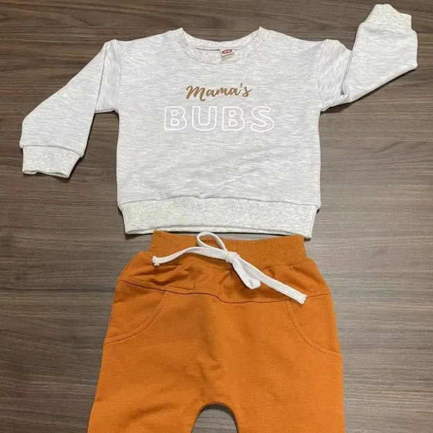 Boys' casual BUBS letter print cotton top and trousers set in gray on white background