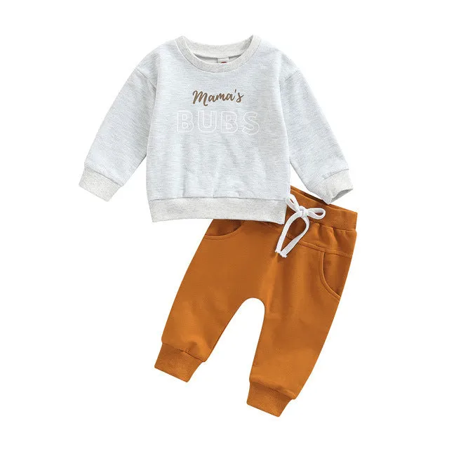 Boys' casual BUBS letter print cotton top and trousers set in gray on white background