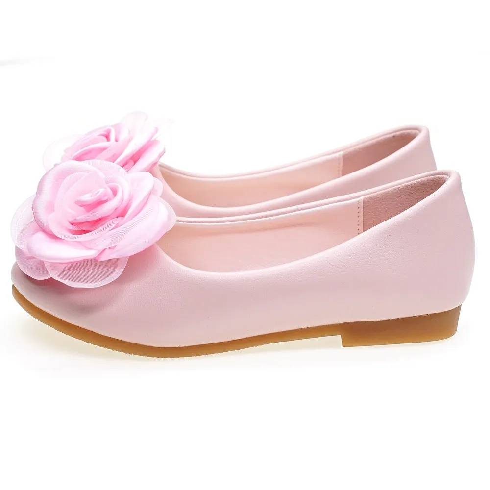 Korean style girl flower PU leather shoes in pink with floral pattern, low top oversleeve design