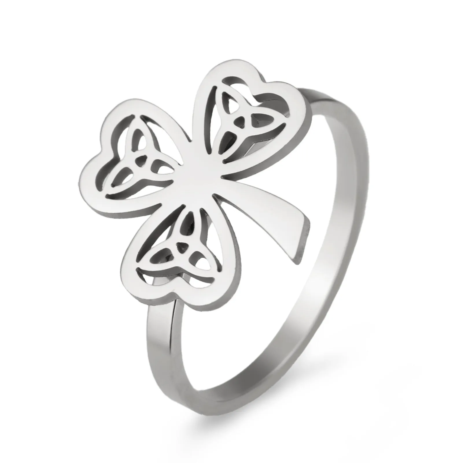 Stainless steel hollow ring with lucky symbol design in gold or steel finish