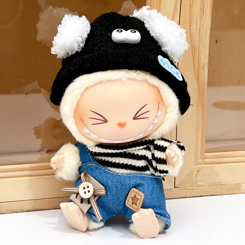 Labubu doll wearing striped puppy suit with denim suspender pants in polyester fabric