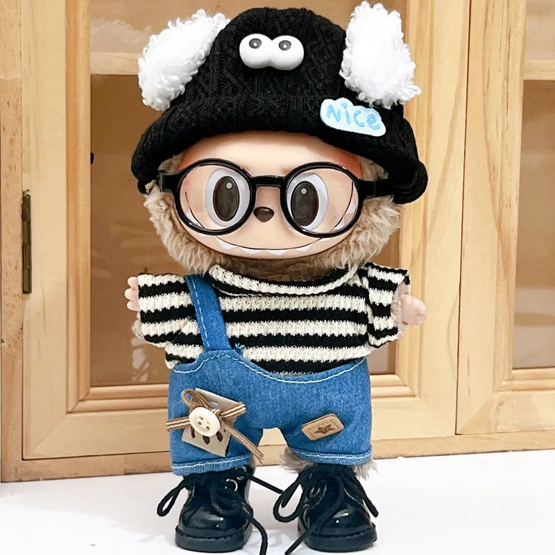 Labubu doll wearing striped puppy suit with denim suspender pants in polyester fabric