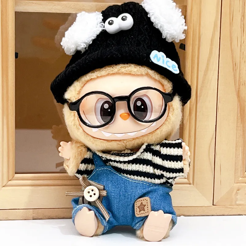 Labubu doll wearing striped puppy suit with denim suspender pants in polyester fabric