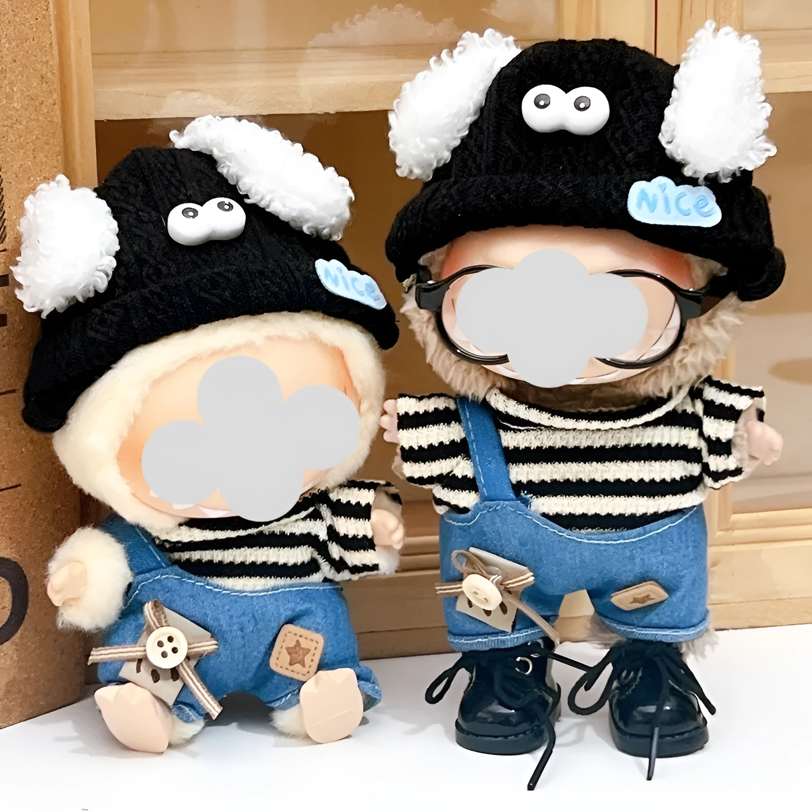 Labubu doll wearing striped puppy suit with denim suspender pants in polyester fabric