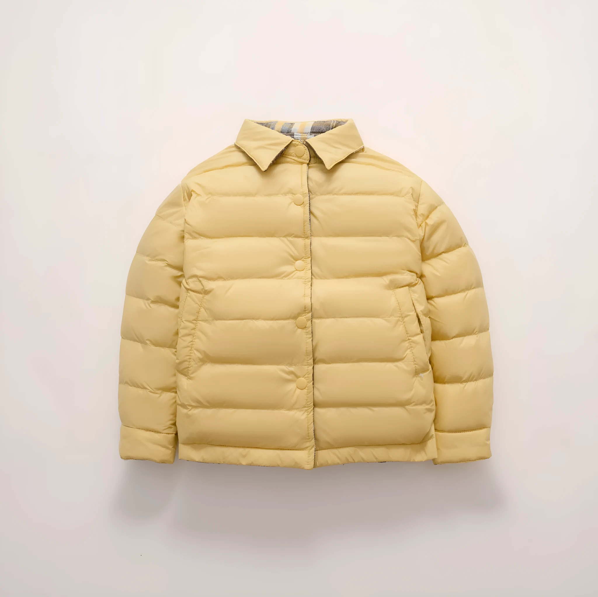 Children's lightweight reversible short jacket in yellow and light gray, polyester with nylon lining, available 90-160cm height