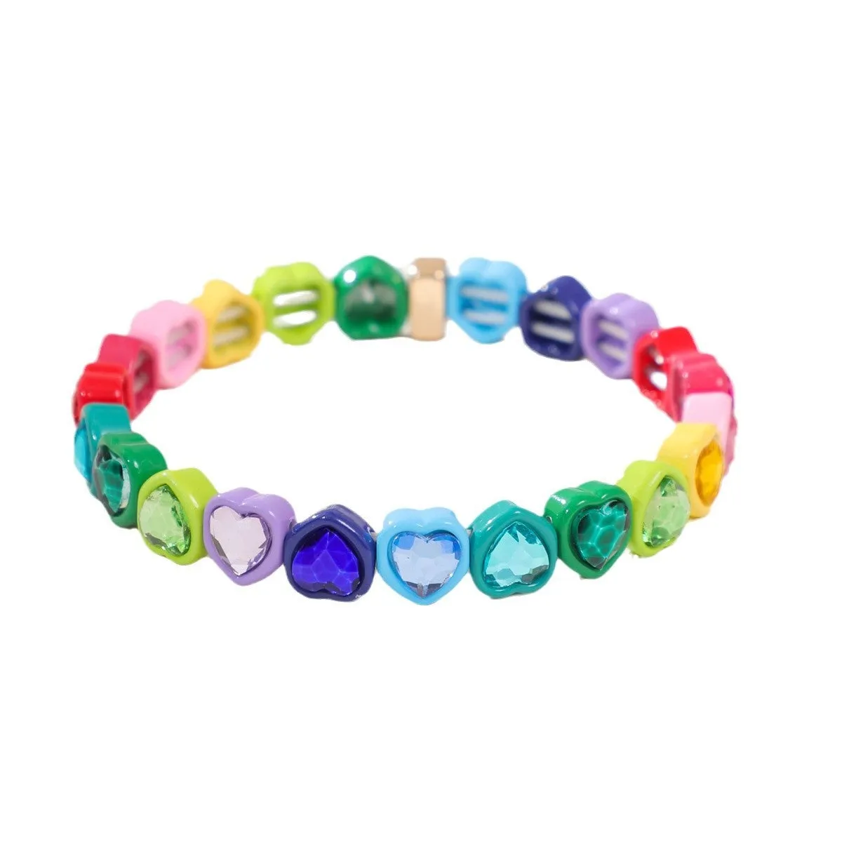 Rainbow coloured enamel heart pendant on stretch bracelet band